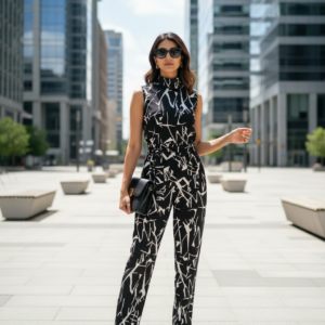 monochrome maven abstract high-neck jumpsuit