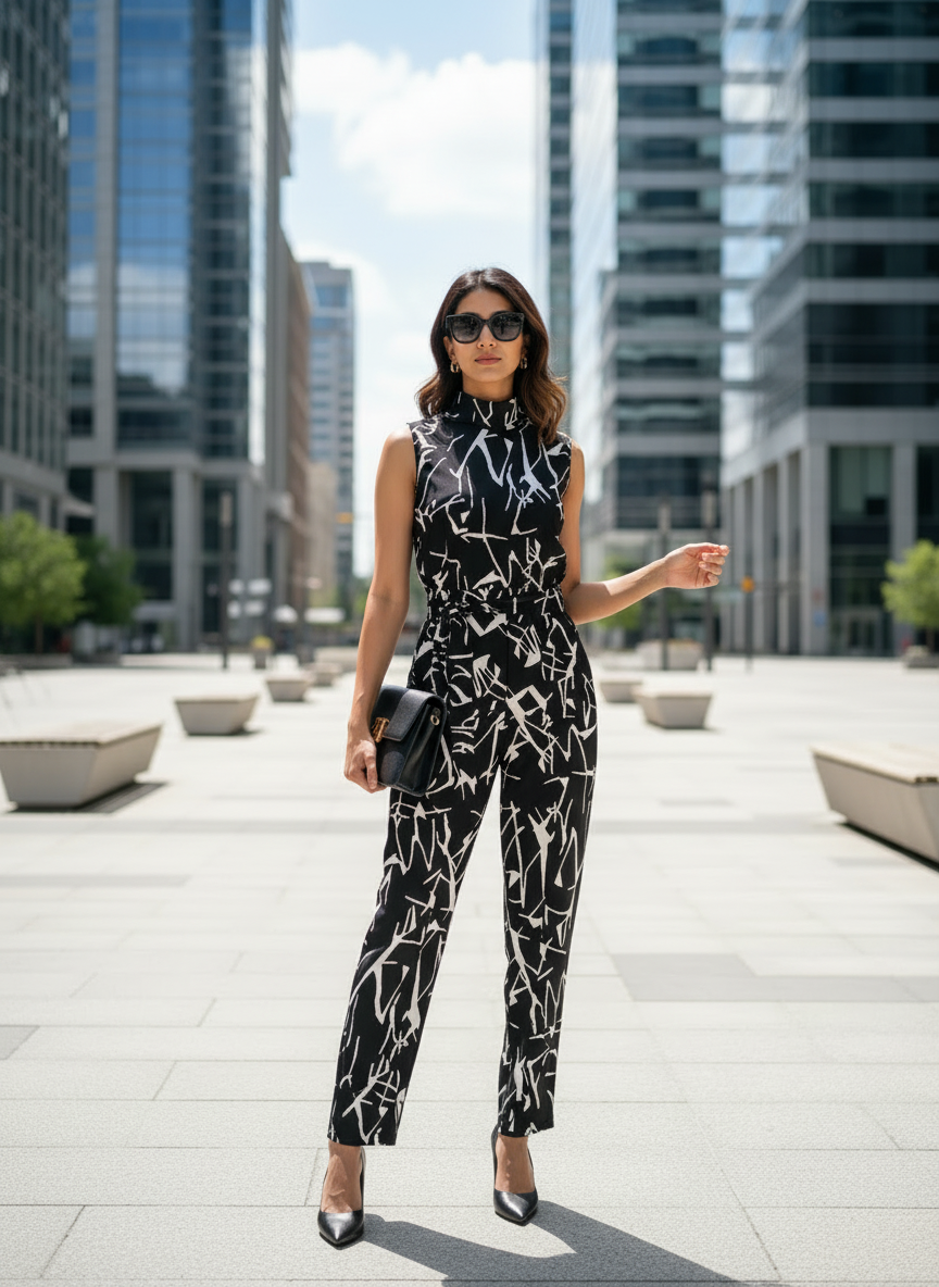 monochrome maven abstract high-neck jumpsuit