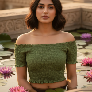 Olive Smocked Off-Shoulder Crop Top