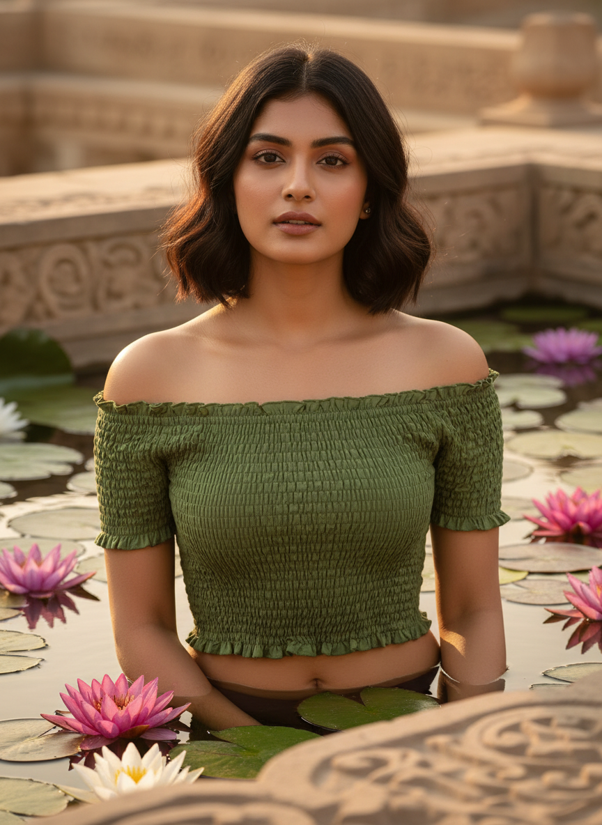 Olive Smocked Off-Shoulder Crop Top