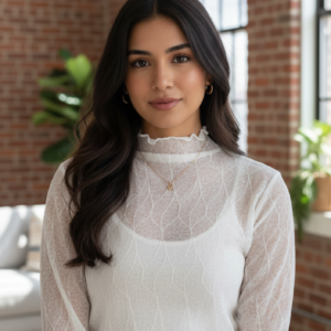 sheer geometric textured mock neck long sleeve top