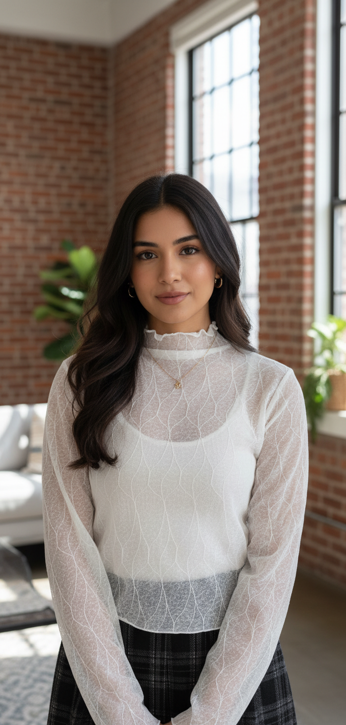 sheer geometric textured mock neck long sleeve top