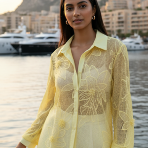 riviera floral mesh overlay shirt elegant sheer button down with intricate embroidery