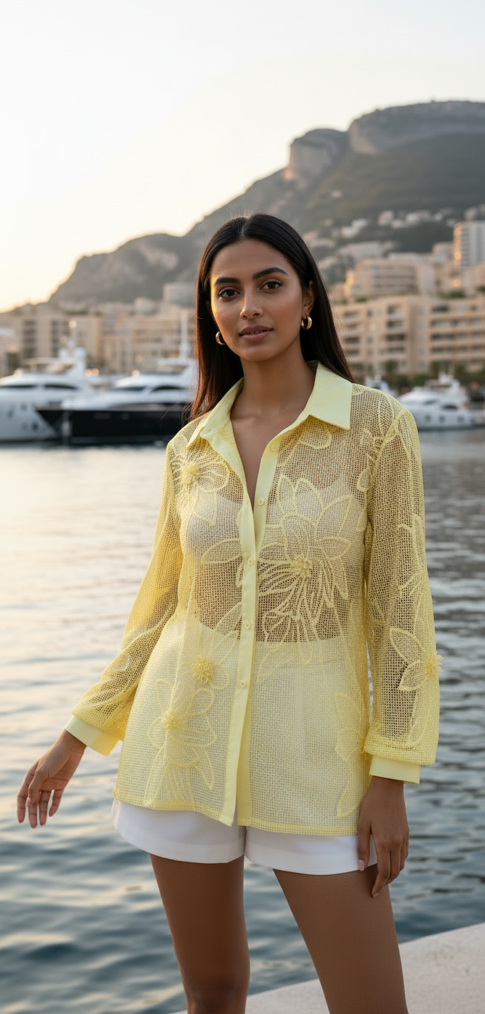 riviera floral mesh overlay shirt elegant sheer button down with intricate embroidery