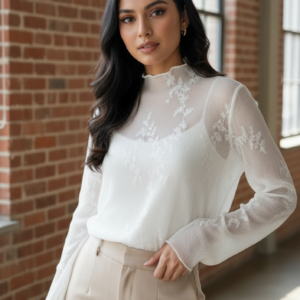 ethereal floral embroidered sheer mock neck top