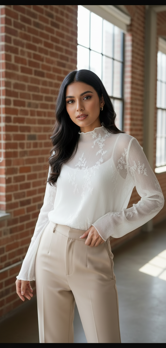 ethereal floral embroidered sheer mock neck top