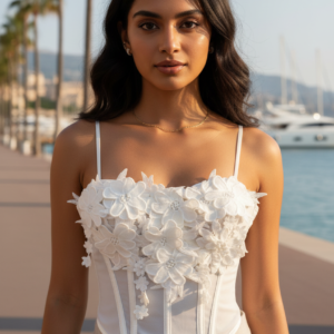 petal scuplt premium mesh corset top – floral appliqué bustier