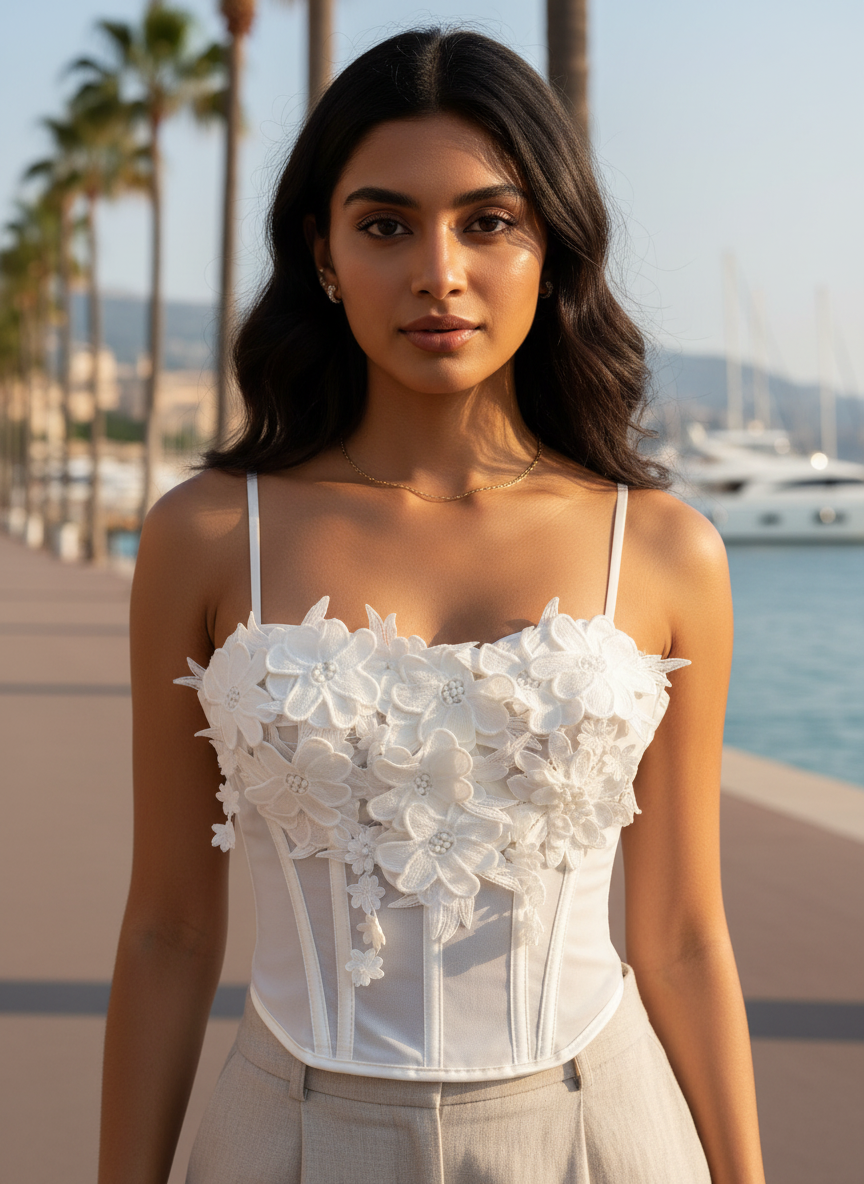 petal scuplt premium mesh corset top – floral appliqué bustier