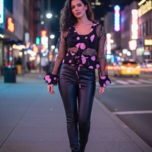 midnight muse sheer mesh tie front jacket pink polka dot ruffle blouse