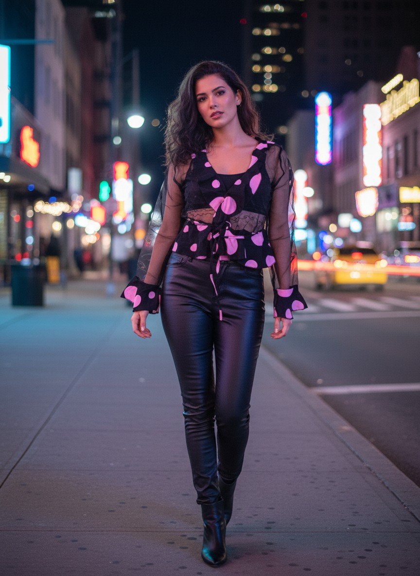 midnight muse sheer mesh tie front jacket pink polka dot ruffle blouse