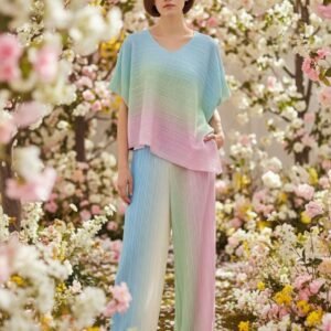 pastel ombré pleated co ord set – relaxed v neck top & wide leg trousers