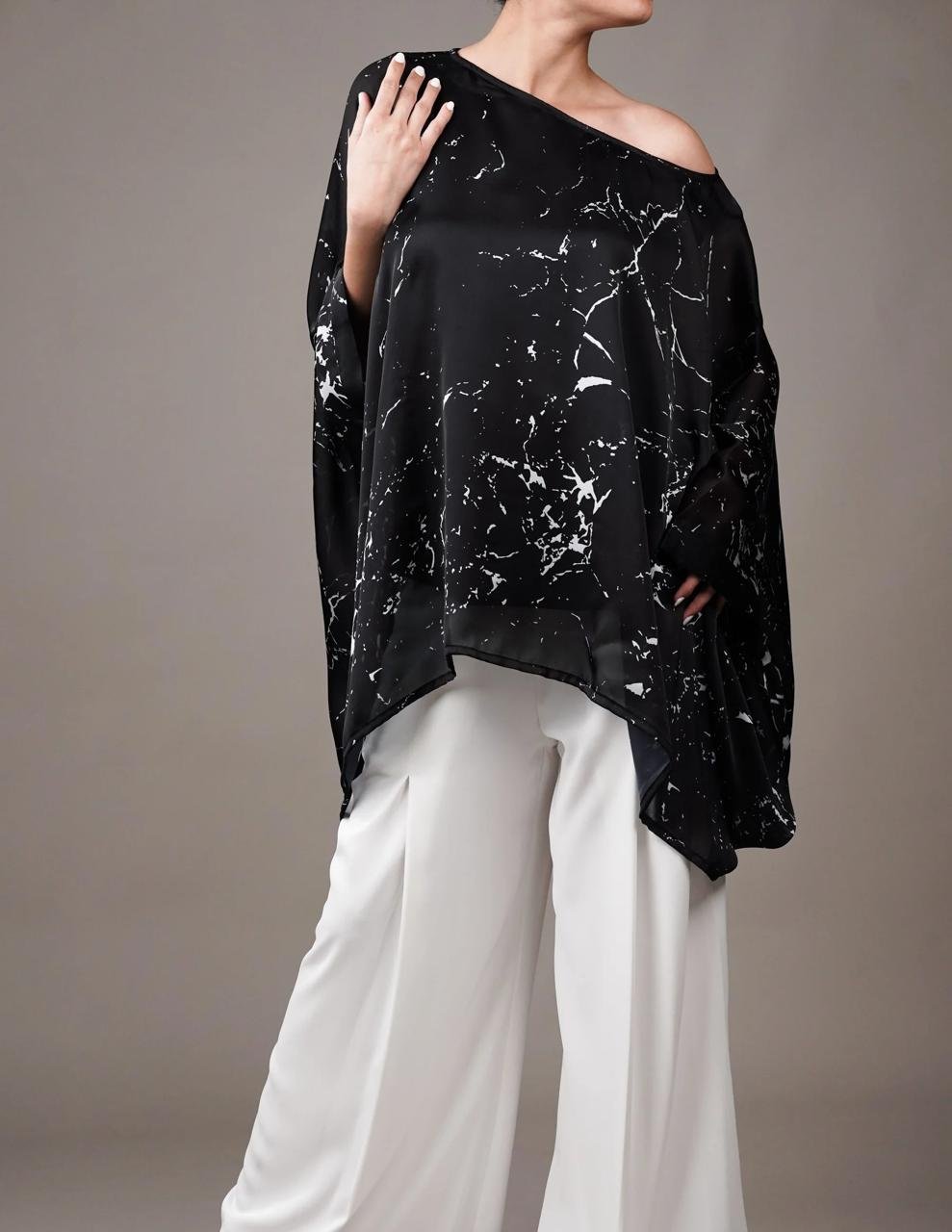 midnight marble satin co ord set: asymmetrical off shoulder tunic & wide leg trousers midnight marble satin co ord set: asymmetrical off shoulder tunic & wide leg trousers