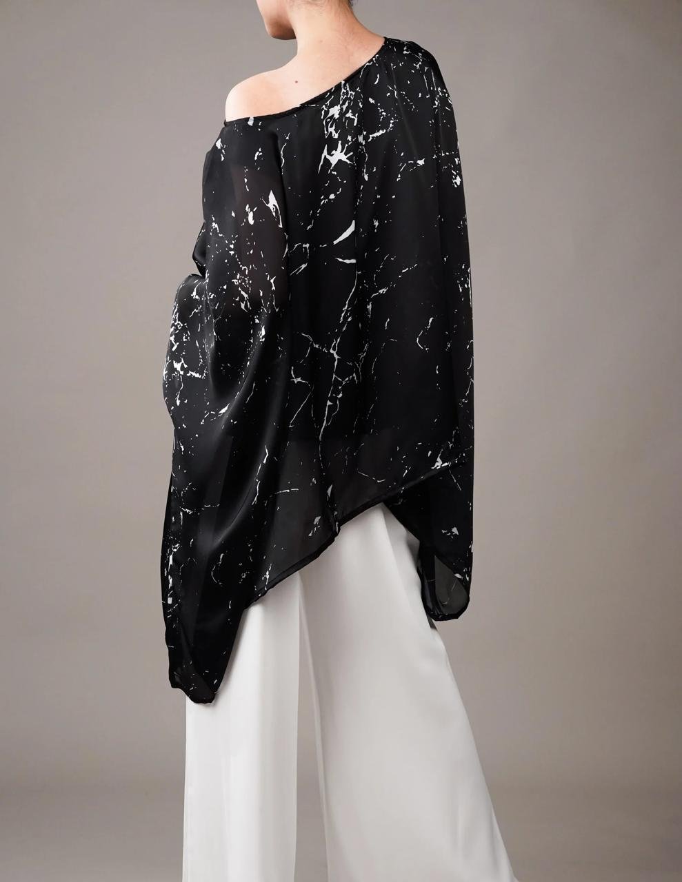 midnight marble satin co ord set: asymmetrical off shoulder tunic & wide leg trousers midnight marble satin co ord set: asymmetrical off shoulder tunic & wide leg trousers