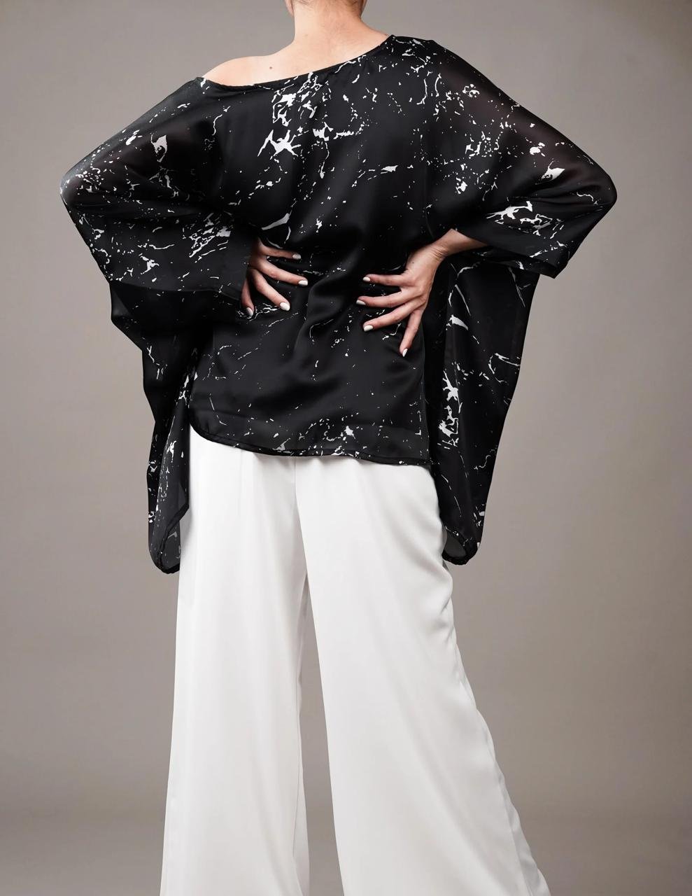 midnight marble satin co ord set: asymmetrical off shoulder tunic & wide leg trousers midnight marble satin co ord set: asymmetrical off shoulder tunic & wide leg trousers