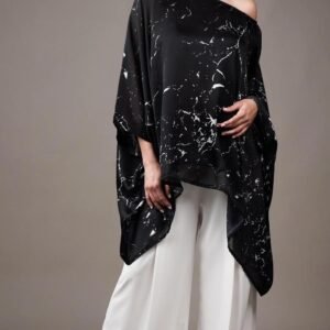 midnight marble satin co ord set: asymmetrical off shoulder tunic & wide leg trousers