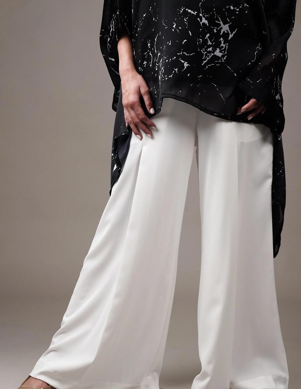 midnight marble satin co ord set: asymmetrical off shoulder tunic & wide leg trousers midnight marble satin co ord set: asymmetrical off shoulder tunic & wide leg trousers