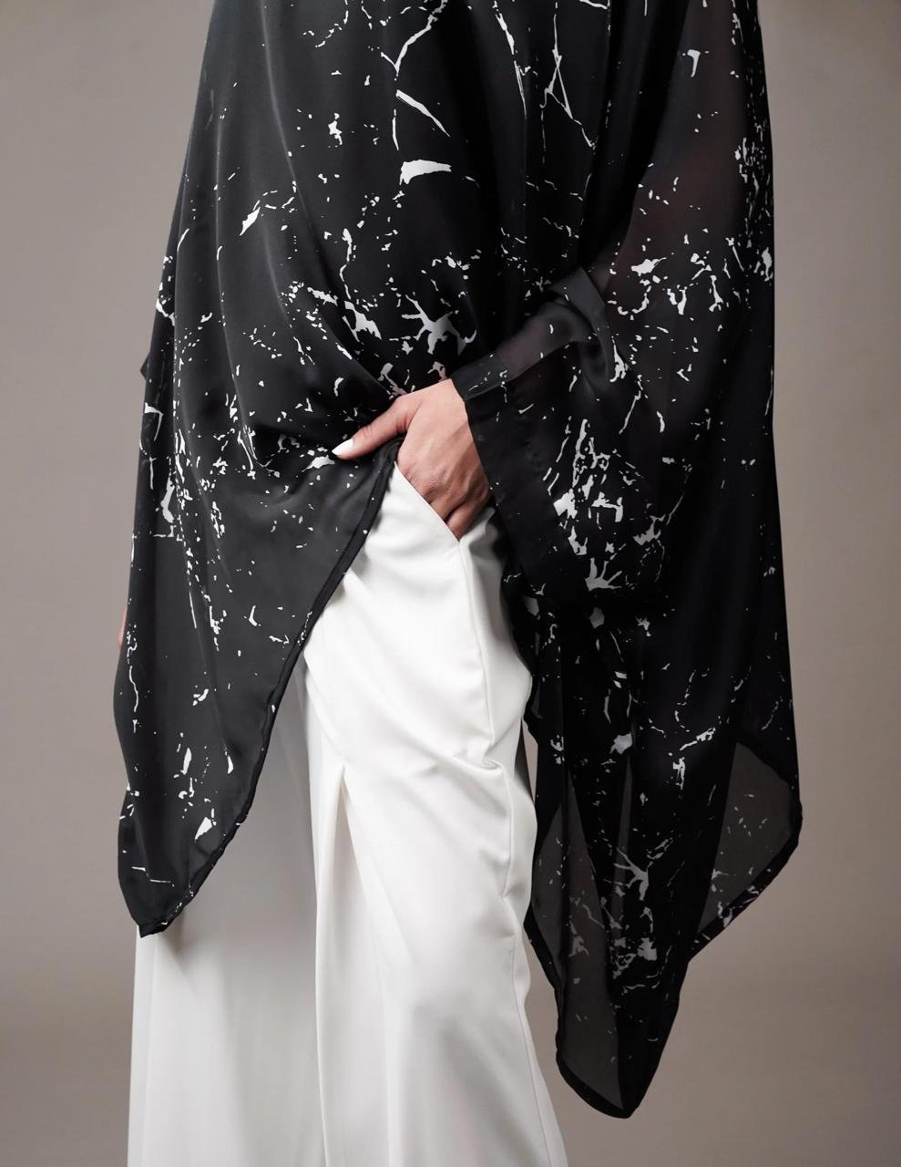 midnight marble satin co ord set: asymmetrical off shoulder tunic & wide leg trousers midnight marble satin co ord set: asymmetrical off shoulder tunic & wide leg trousers