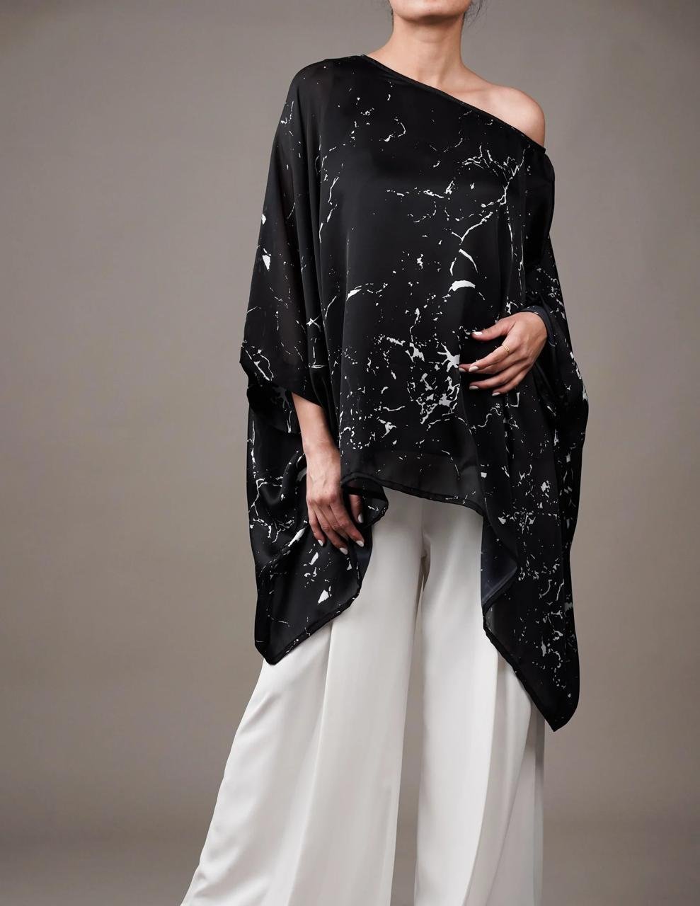midnight marble satin co ord set: asymmetrical off shoulder tunic & wide leg trousers midnight marble satin co ord set: asymmetrical off shoulder tunic & wide leg trousers