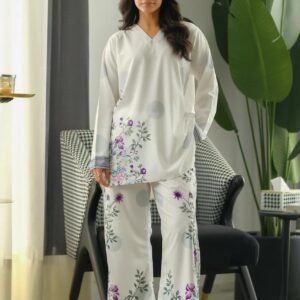 amethyst floral satin co ord set: v neck tunic & flared wide leg trousers