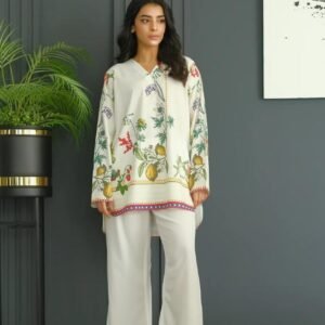 citrus grove satin co ord set: v neck botanical tunic & flared wide leg trousers