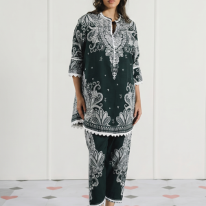 forest green paisley print co ord set with scalloped lace trim