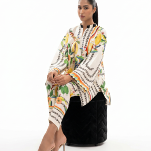 ivory tropical fruit and botanical print co ord set with straight trousers