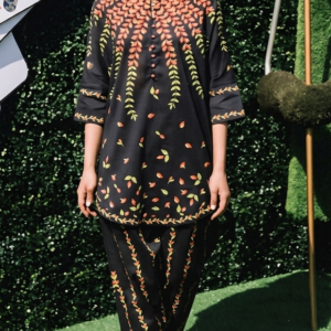 black cascading leaf print co ord set with tapered trousers