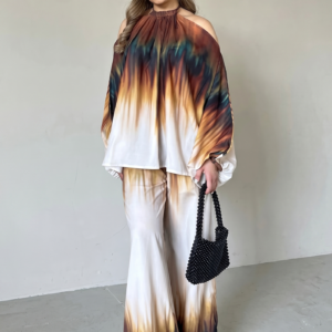 earthy tie dye satin co ord set with cold shoulder blouse and wide leg trousers