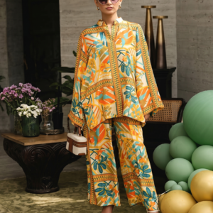yellow tropical geometric print satin co ord set with wide leg trousers