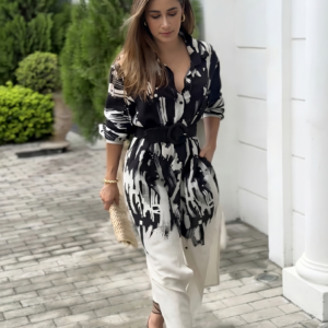 monochrome abstract brushstroke maxi shirtdress and wide leg trousers co ord set