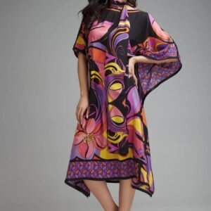 psychedelic floral scarf neck kaftan dress