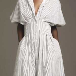 monochrome striped midi shirtdress with pleated corset waist