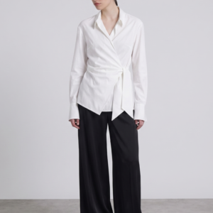 white wrap blouse and wide leg trousers co ord set