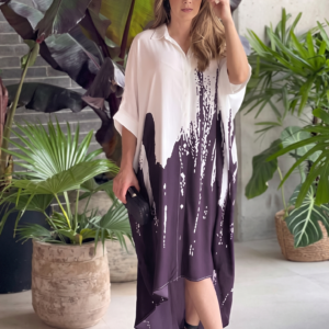 oversized abstract splatter maxi shirtdress with asymmetric high low hem