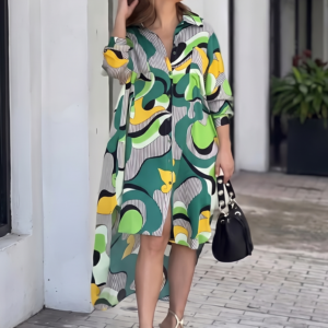 oversized abstract geometric print shirtdress with high low hem
