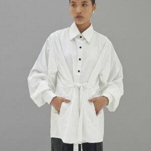 white poplin tie waist shirtdress with dramatic bishop sleeves